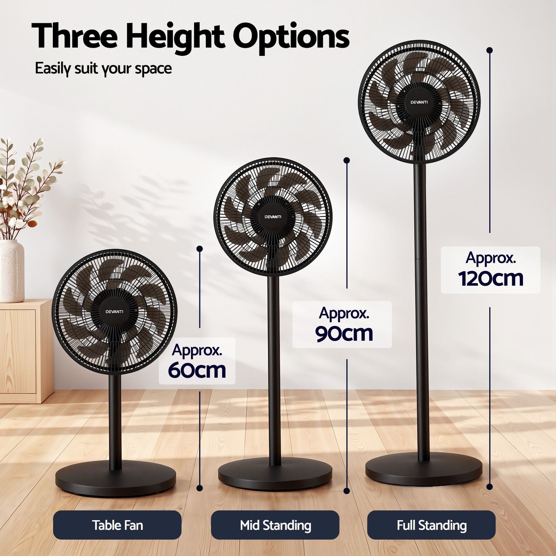 Devanti Pedestal Fan with Remote, 7 Speeds 3 Heights DC Motor, Black - SportZone.co.nz