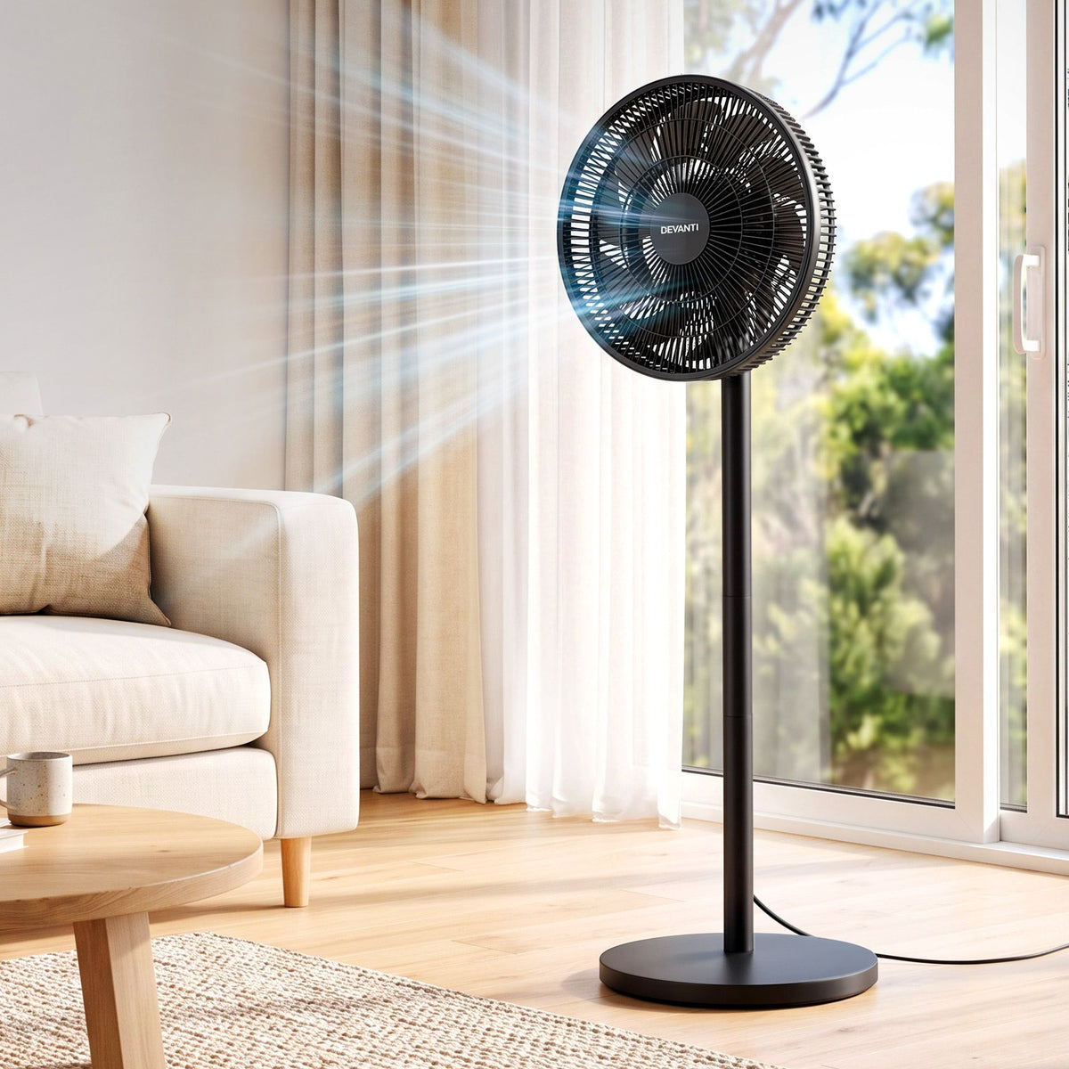 Devanti Pedestal Fan with Remote, 7 Speeds 3 Heights DC Motor, Black - SportZone.co.nz