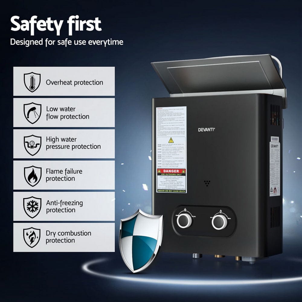 Devanti Portable Gas Water Heater LPG Powered System - Black - SportZone.co.nz
