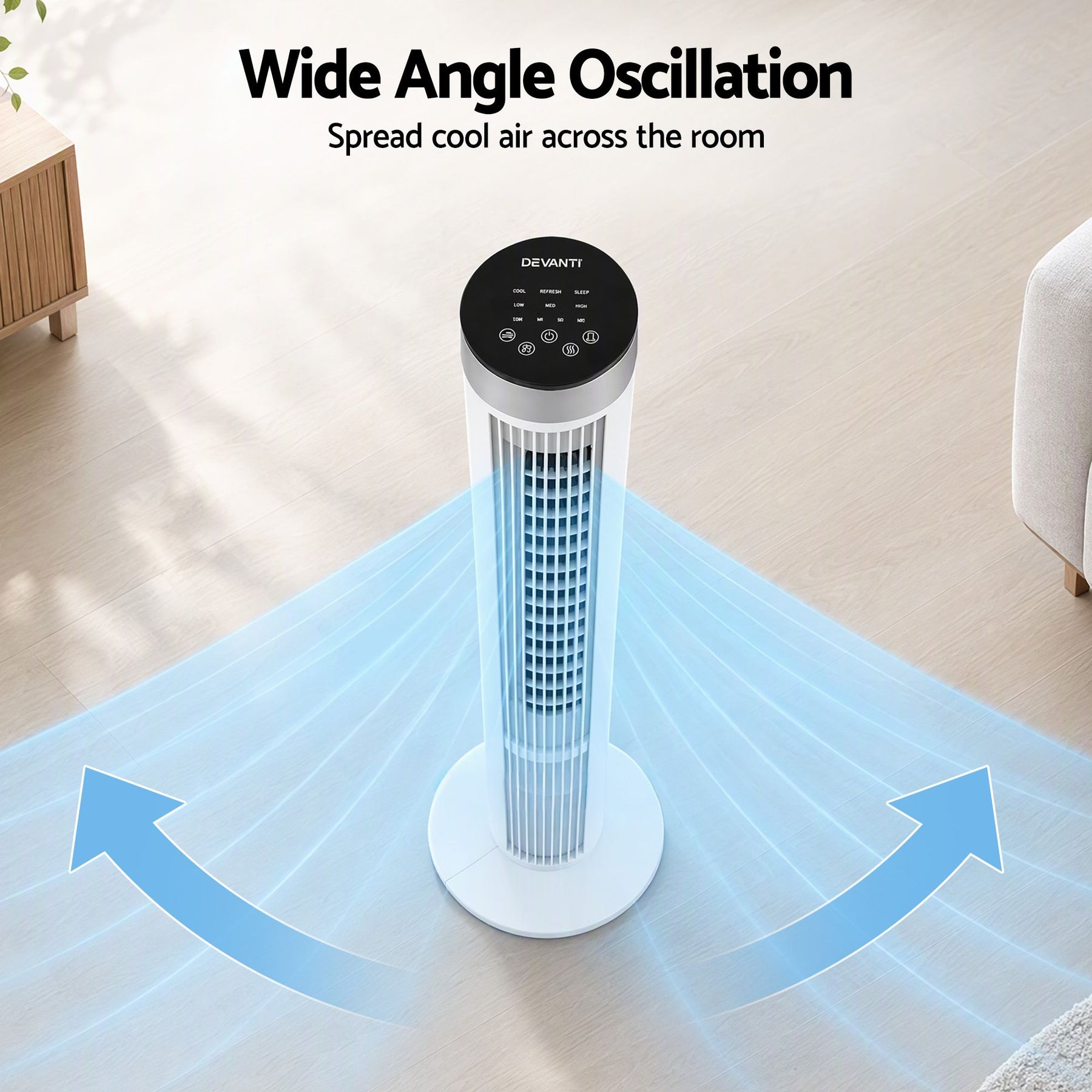 Devanti Tower Fan with Remote Control, 3 Speed 3 Mode 7.5h Timer, White - SportZone.co.nz