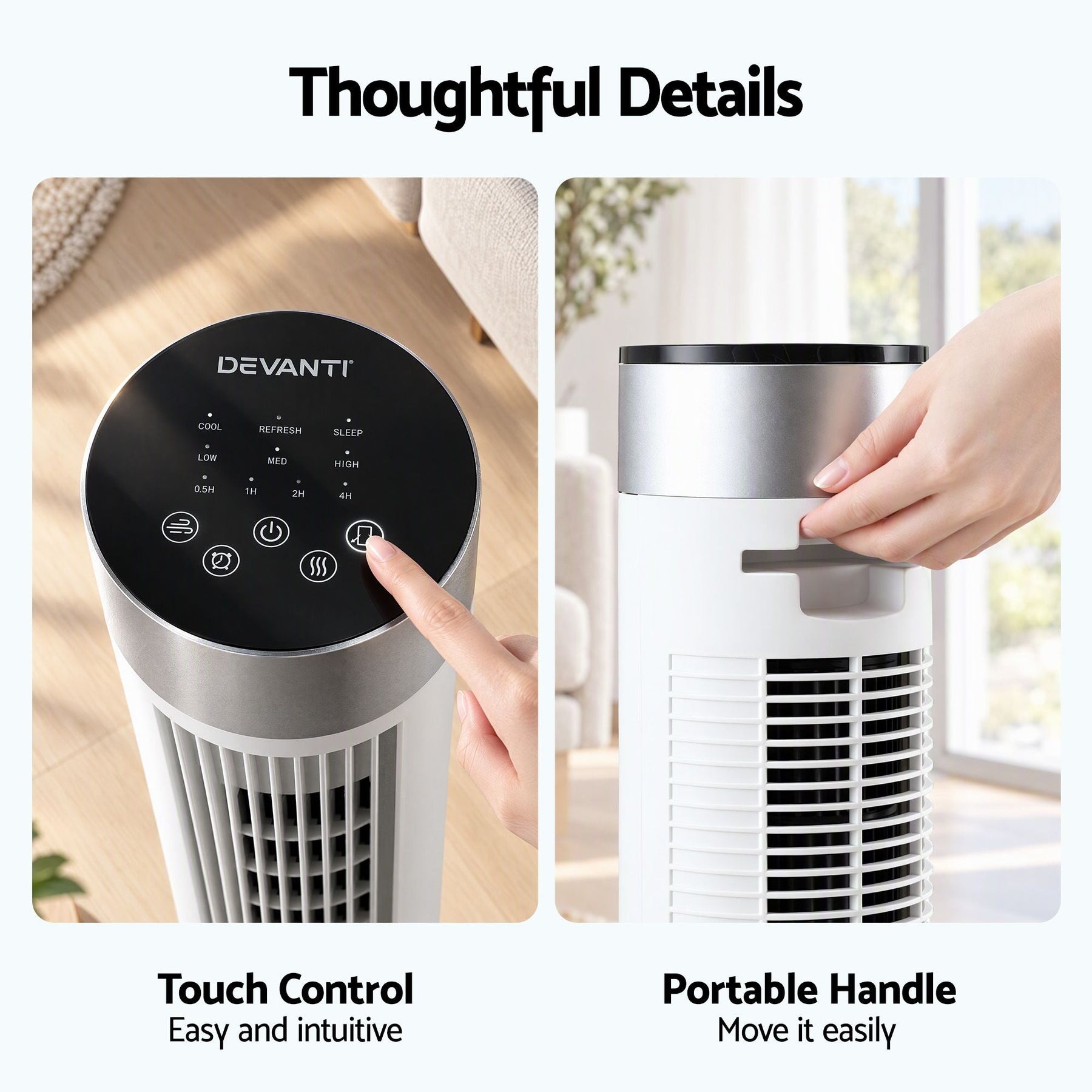 Devanti Tower Fan with Remote Control, 3 Speed 3 Mode 7.5h Timer, White - SportZone.co.nz