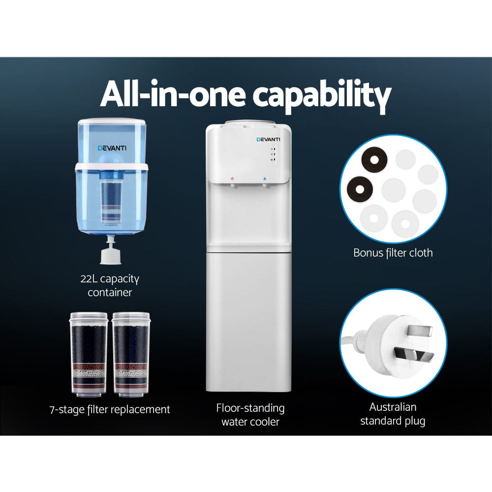 Devanti Water Cooler Dispenser Stand 22L Bottle White w/2 Filter - SportZone.co.nz