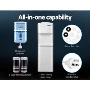 Devanti Water Cooler Dispenser Stand 22L Bottle White w/2 Filter - SportZone.co.nz