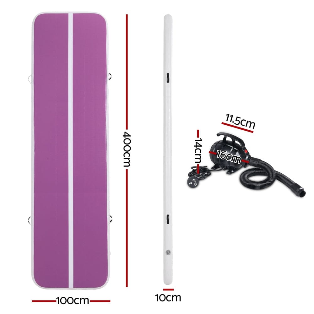 Everfit 4M Air Track Gymnastics Tumbling Exercise Yoga Mat W/ Pump Inflatable Purple - SportZone.co.nz