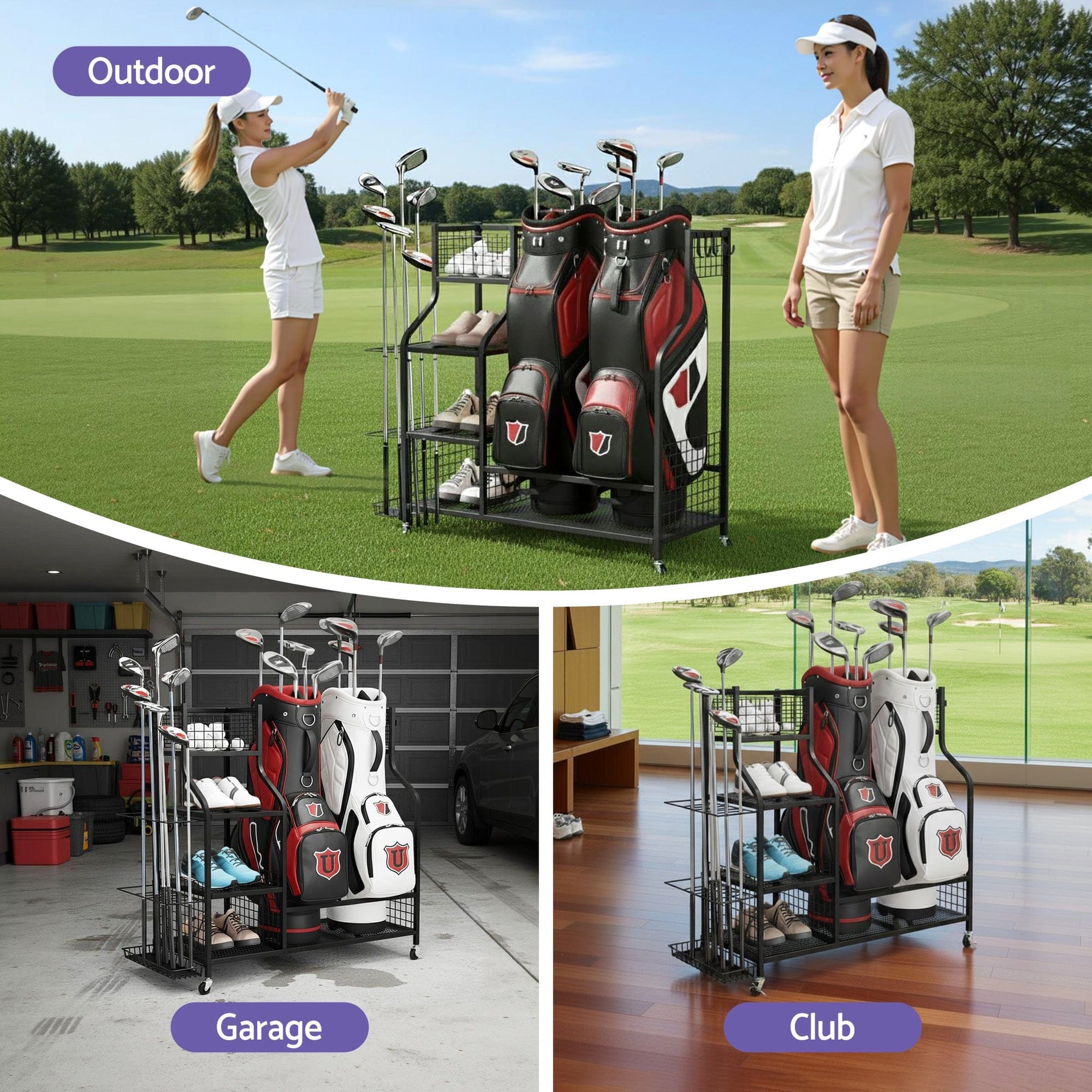 Everfit Golf Bag Storage Golf Storage Garage Organizer with Wheels Black - SportZone.co.nz