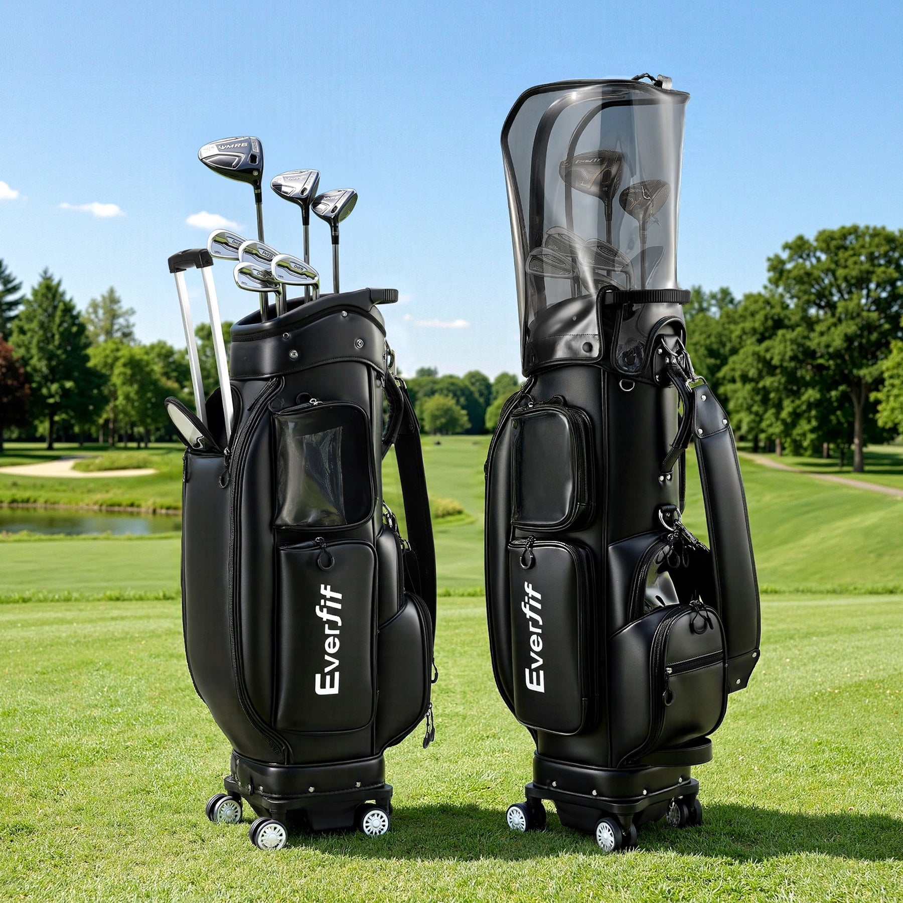 Everfit Golf Cart Bag Rolling Buggy Trolley Club Organiser Black - SportZone.co.nz