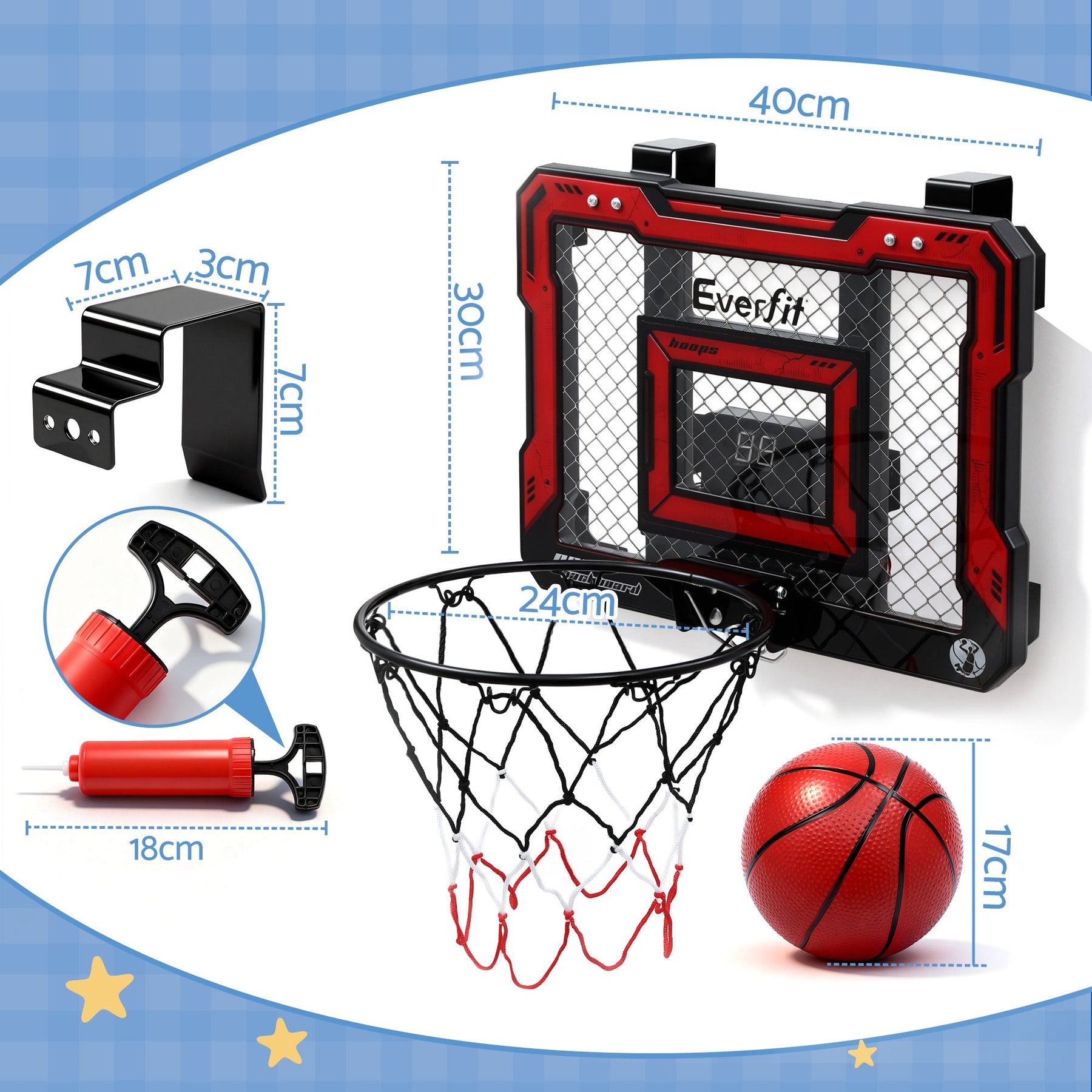 Everfit Mini Basketball Hoop Over Door Indoor LED Scoreboard Kids Set 40x30cm - SportZone.co.nz
