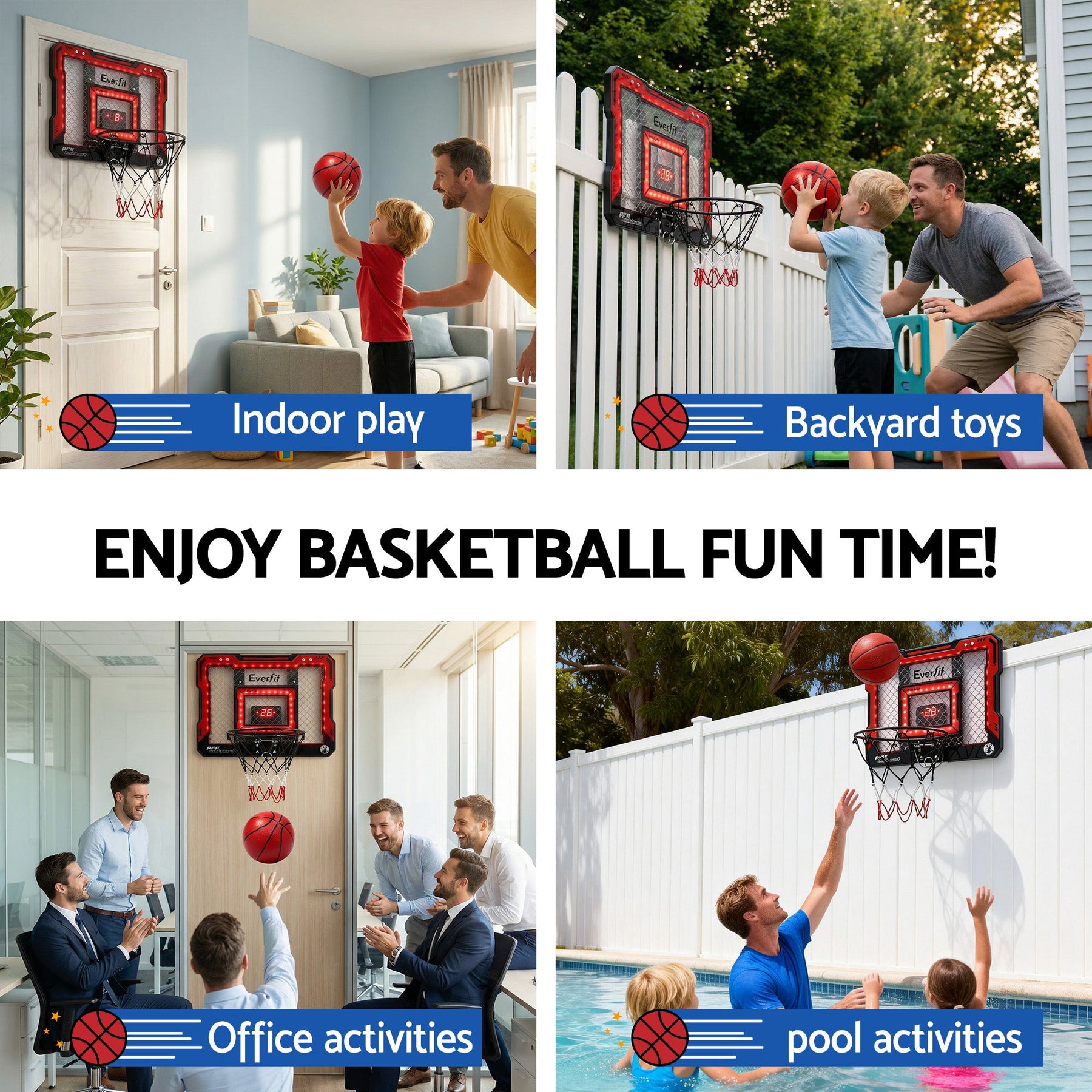 Everfit Mini Basketball Hoop Over Door Indoor LED Scoreboard Kids Set 40x30cm - SportZone.co.nz