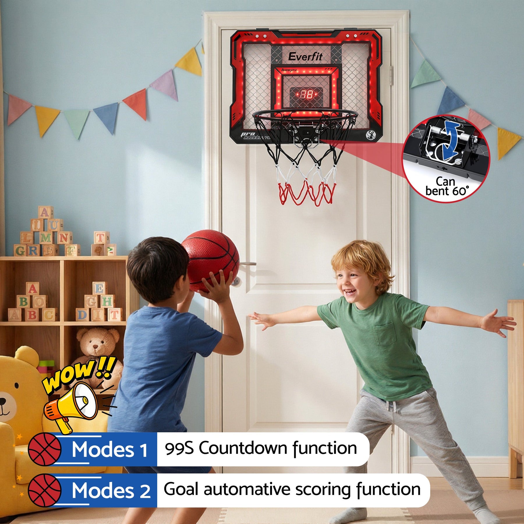 Everfit Mini Basketball Hoop Over Door Indoor LED Scoreboard Kids Set 40x30cm - SportZone.co.nz