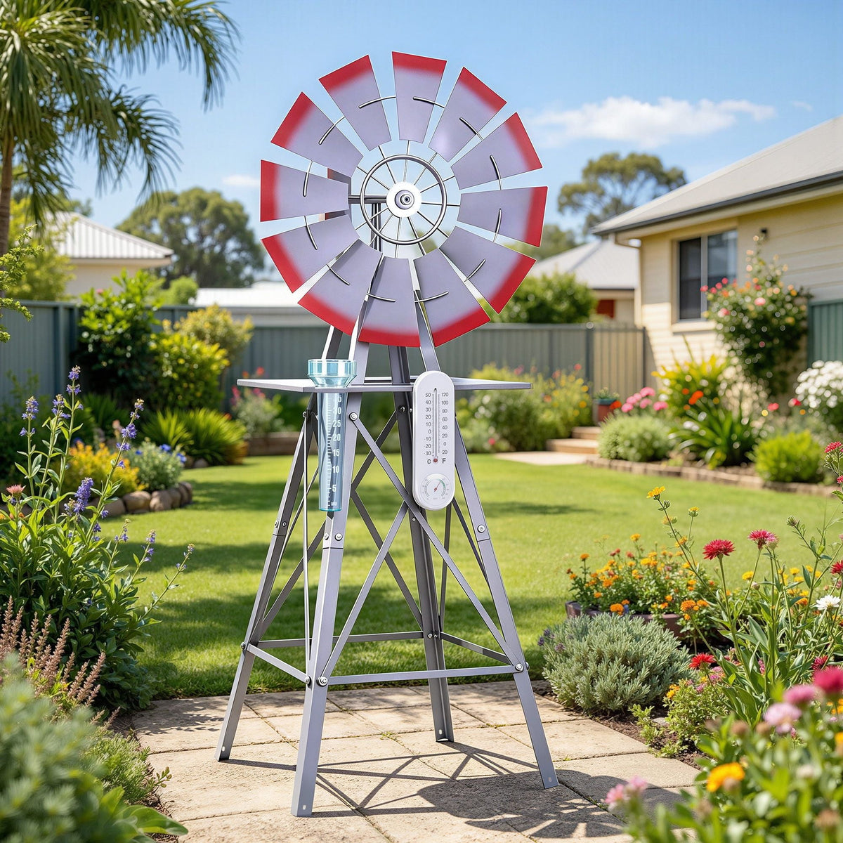 Gardeon Garden Windmill Metal Weather Station with Rain Gauge 122cm Silver - SportZone.co.nz