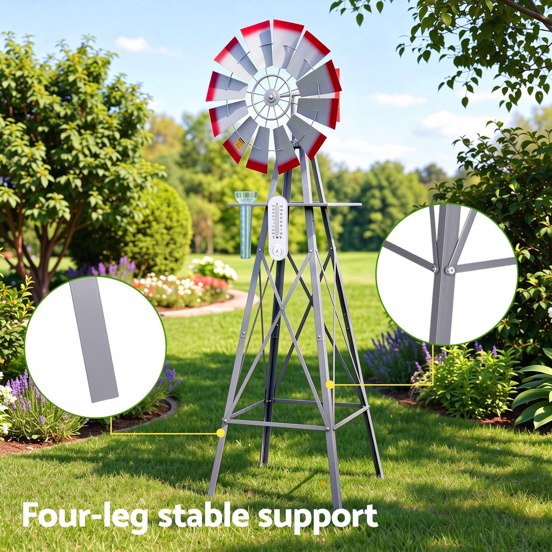 Gardeon Garden Windmill Metal Weather Station with Rain Gauge 182cm Silver - SportZone.co.nz