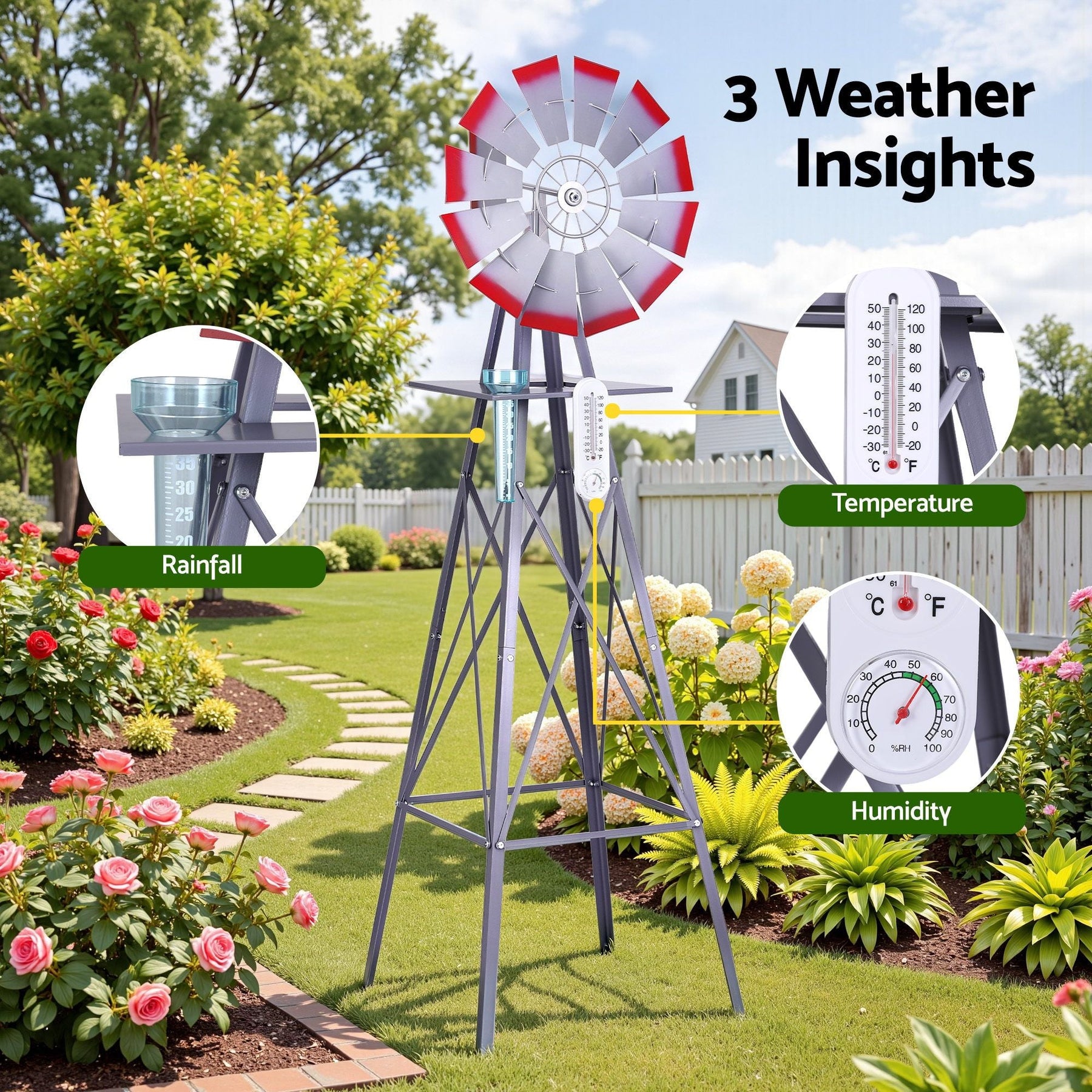 Gardeon Garden Windmill Metal Weather Station with Rain Gauge 182cm Silver - SportZone.co.nz