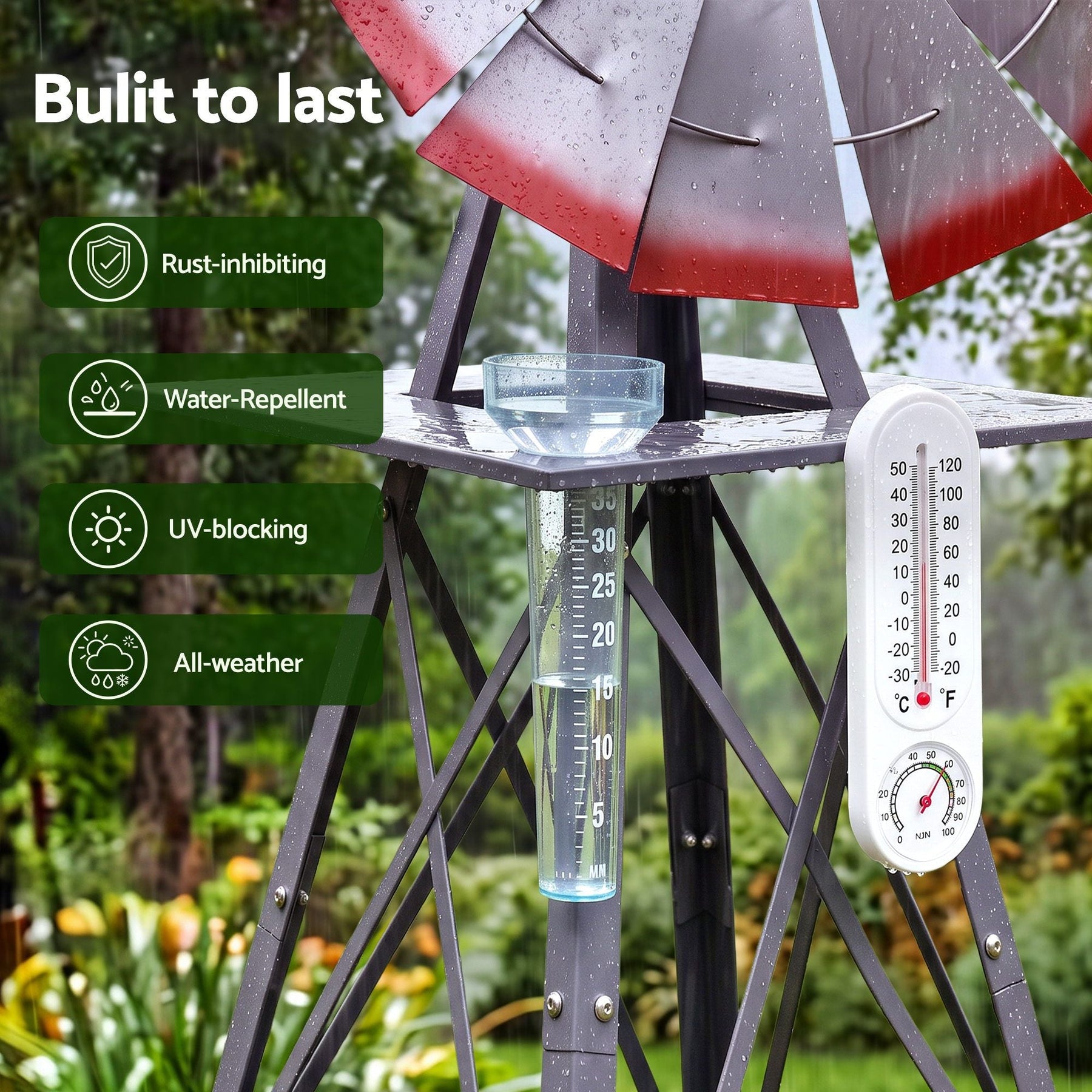 Gardeon Garden Windmill Metal Weather Station with Rain Gauge 182cm Silver - SportZone.co.nz