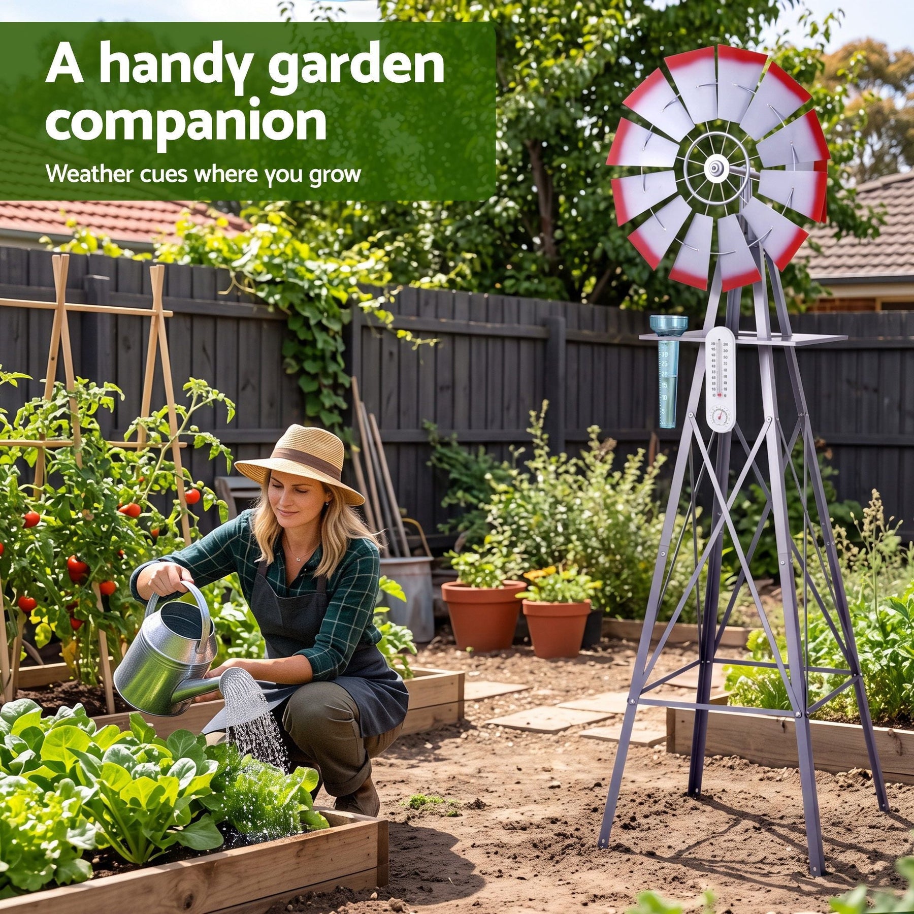 Gardeon Garden Windmill Metal Weather Station with Rain Gauge 182cm Silver - SportZone.co.nz