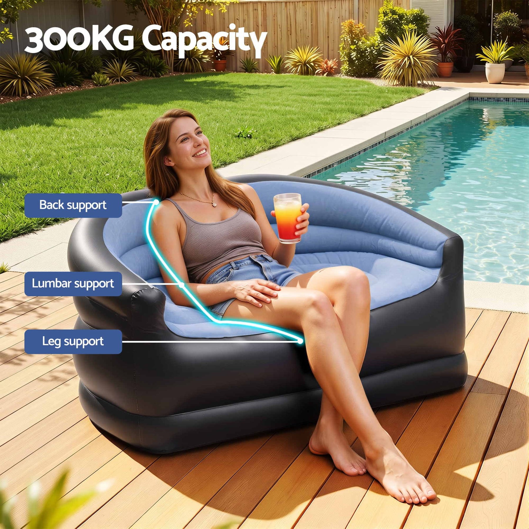 Gardeon Outdoor Air Sofa Inflatable Couch Two-Seater Lounge Chair with Pump Blow Up Couches for Camping - SportZone.co.nz