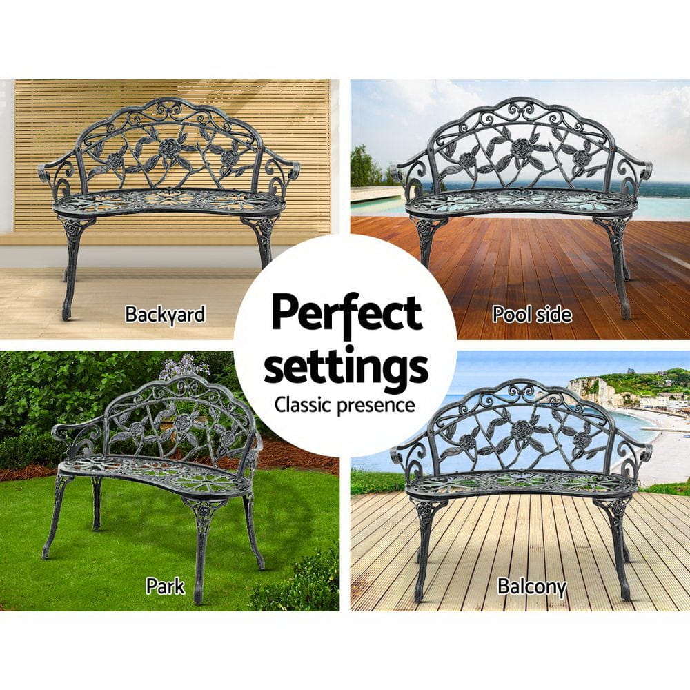 Gardeon Outdoor Garden Bench Seat 100cm Cast Aluminium Patio Chair Vintage Green - SportZone.co.nz