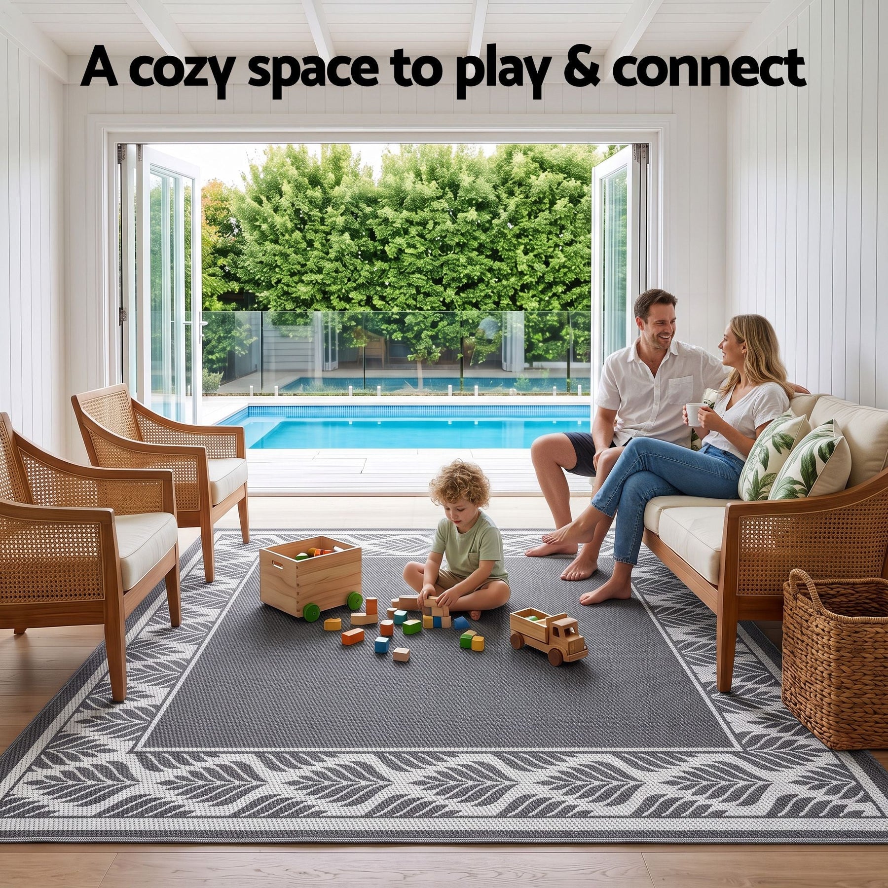 Gardeon Outdoor Rugs 274x366cm Large Carpet Reversible PP Dual-Sided Area Mat Patio Rug Grey - SportZone.co.nz