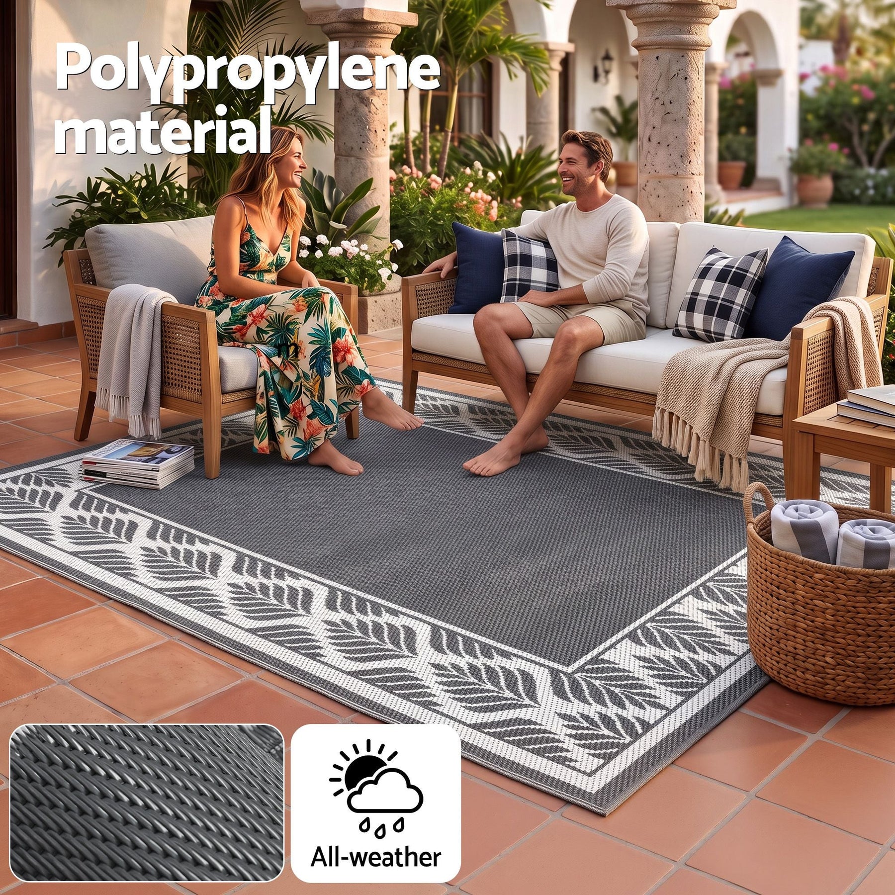 Gardeon Outdoor Rugs 274x366cm Large Carpet Reversible PP Dual-Sided Area Mat Patio Rug Grey - SportZone.co.nz