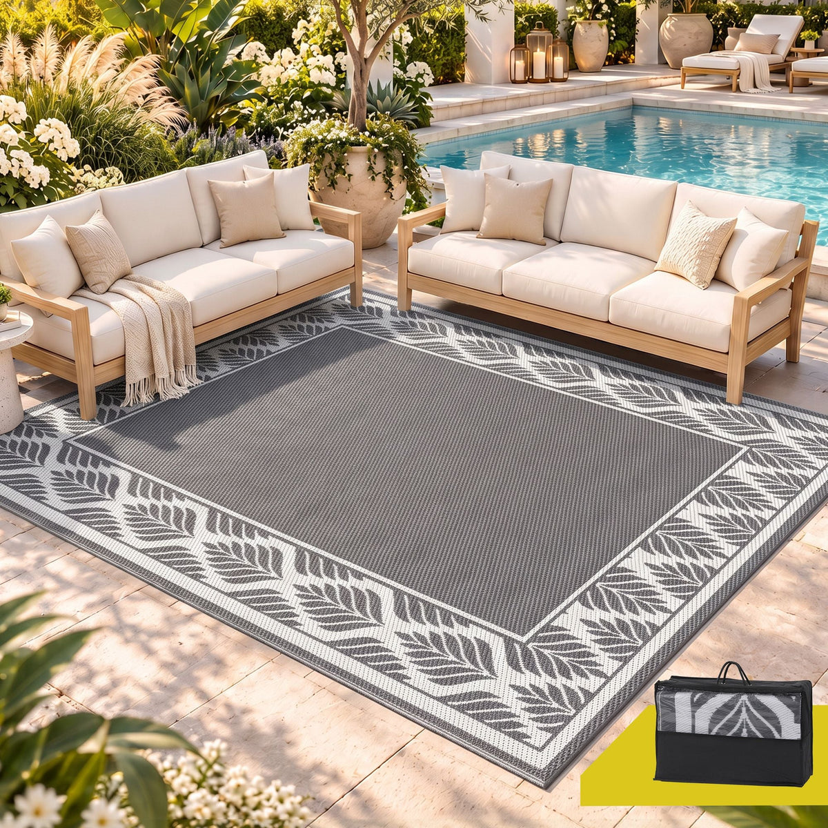 Gardeon Outdoor Rugs 274x366cm Large Carpet Reversible PP Dual-Sided Area Mat Patio Rug Grey - SportZone.co.nz