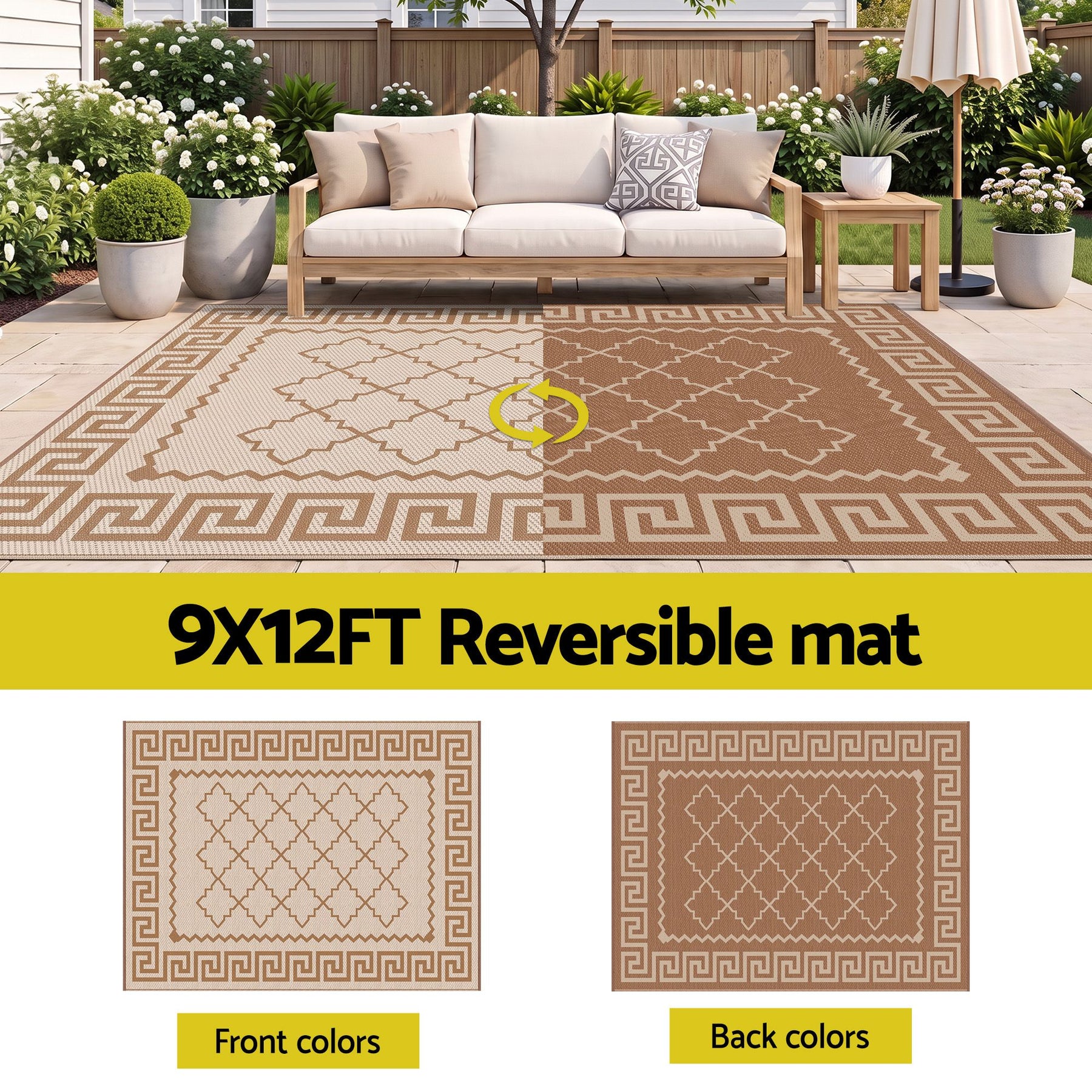 Gardeon Outdoor Rugs 274x366cm Large Carpet Reversible PP Dual-Sided Area Mat Patio Rug Khaki - SportZone.co.nz