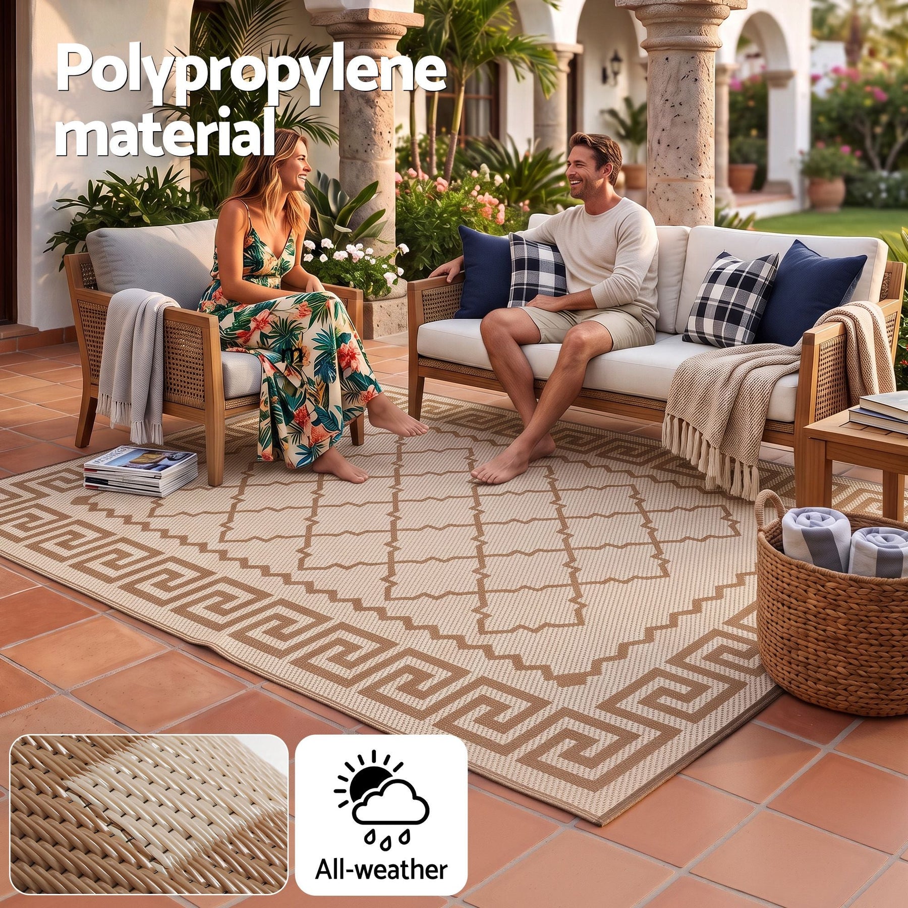 Gardeon Outdoor Rugs 274x366cm Large Carpet Reversible PP Dual-Sided Area Mat Patio Rug Khaki - SportZone.co.nz