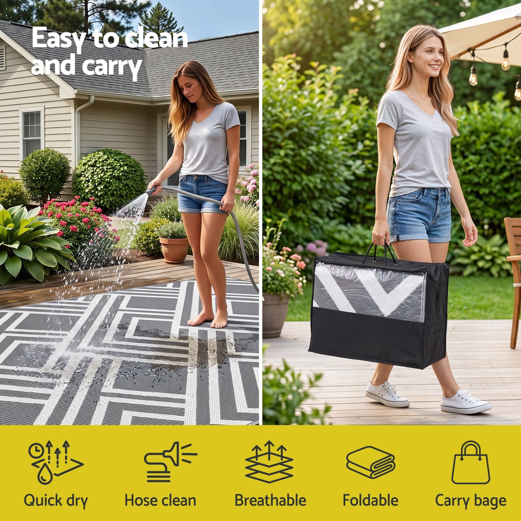 Gardeon Outdoor Rugs 274x366cm Reversible PP Dual-Sided Area Mat Large Carpet Patio Rug Grey - SportZone.co.nz