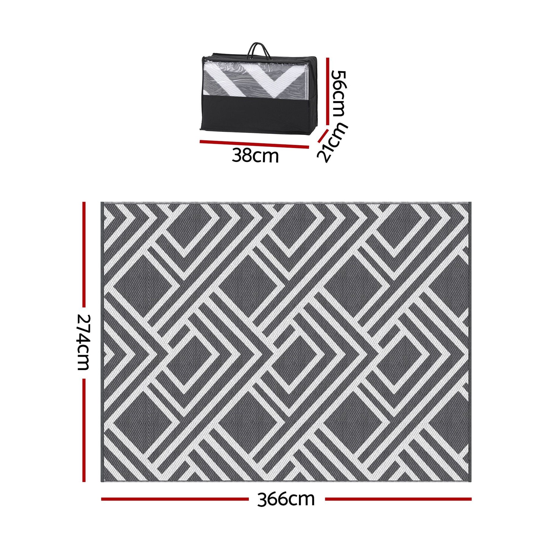 Gardeon Outdoor Rugs 274x366cm Reversible PP Dual-Sided Area Mat Large Carpet Patio Rug Grey - SportZone.co.nz