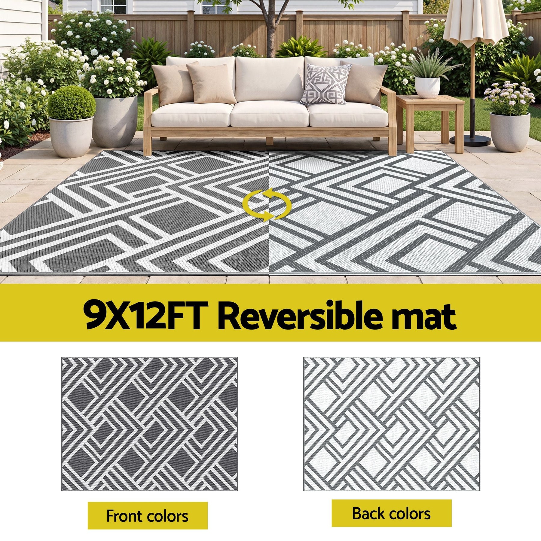 Gardeon Outdoor Rugs 274x366cm Reversible PP Dual-Sided Area Mat Large Carpet Patio Rug Grey - SportZone.co.nz