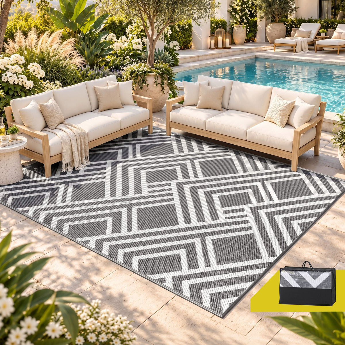 Gardeon Outdoor Rugs 274x366cm Reversible PP Dual-Sided Area Mat Large Carpet Patio Rug Grey - SportZone.co.nz