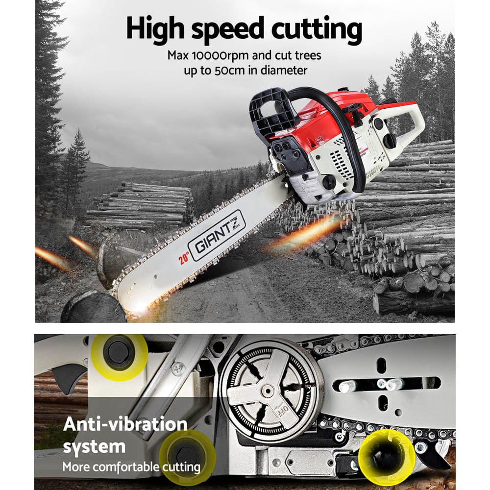 Giantz Chainsaw Petrol 52CC 20" Bar Commercial E - Start Pruning Chain Saw White - SportZone.co.nz