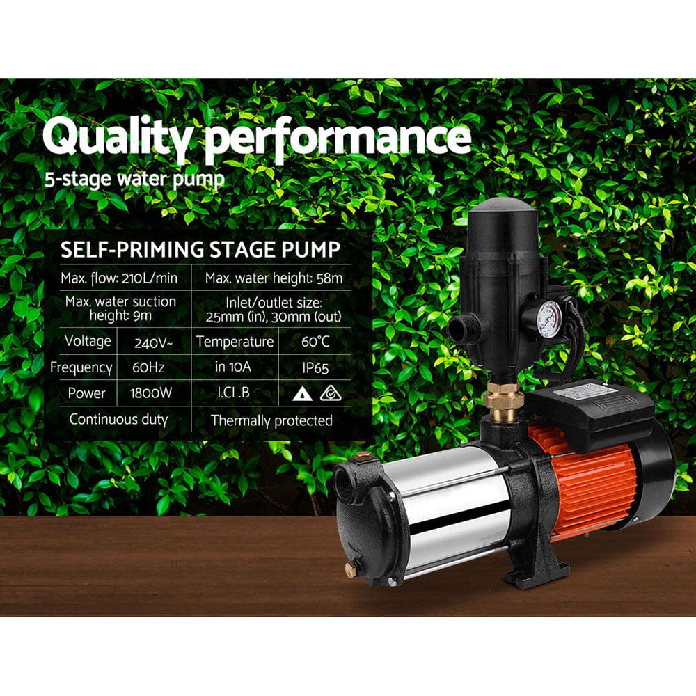 Giantz Garden Water Pump High Pressure 1800W 5 - Stage Tank Irrigation Black - SportZone.co.nz