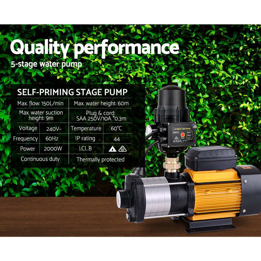 Giantz Garden Water Pump High Pressure 2000W 5 - Stage Tank Irrigation Black - SportZone.co.nz