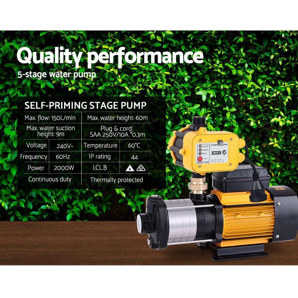 Giantz Garden Water Pump High Pressure 2000W 5 - Stage Tank Irrigation Yellow - SportZone.co.nz