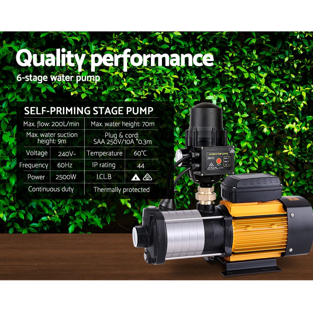 Giantz Garden Water Pump High Pressure 2500W 6 - Stage Tank Irrigation Black - SportZone.co.nz