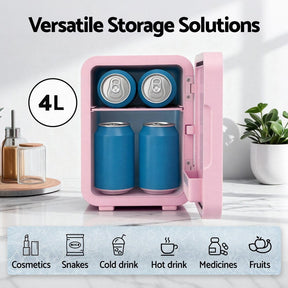 Glacio Mini Fridge Skincare Beauty Cooler Warmer LED Mirror 12V 220V Pink 4L - SportZone.co.nz