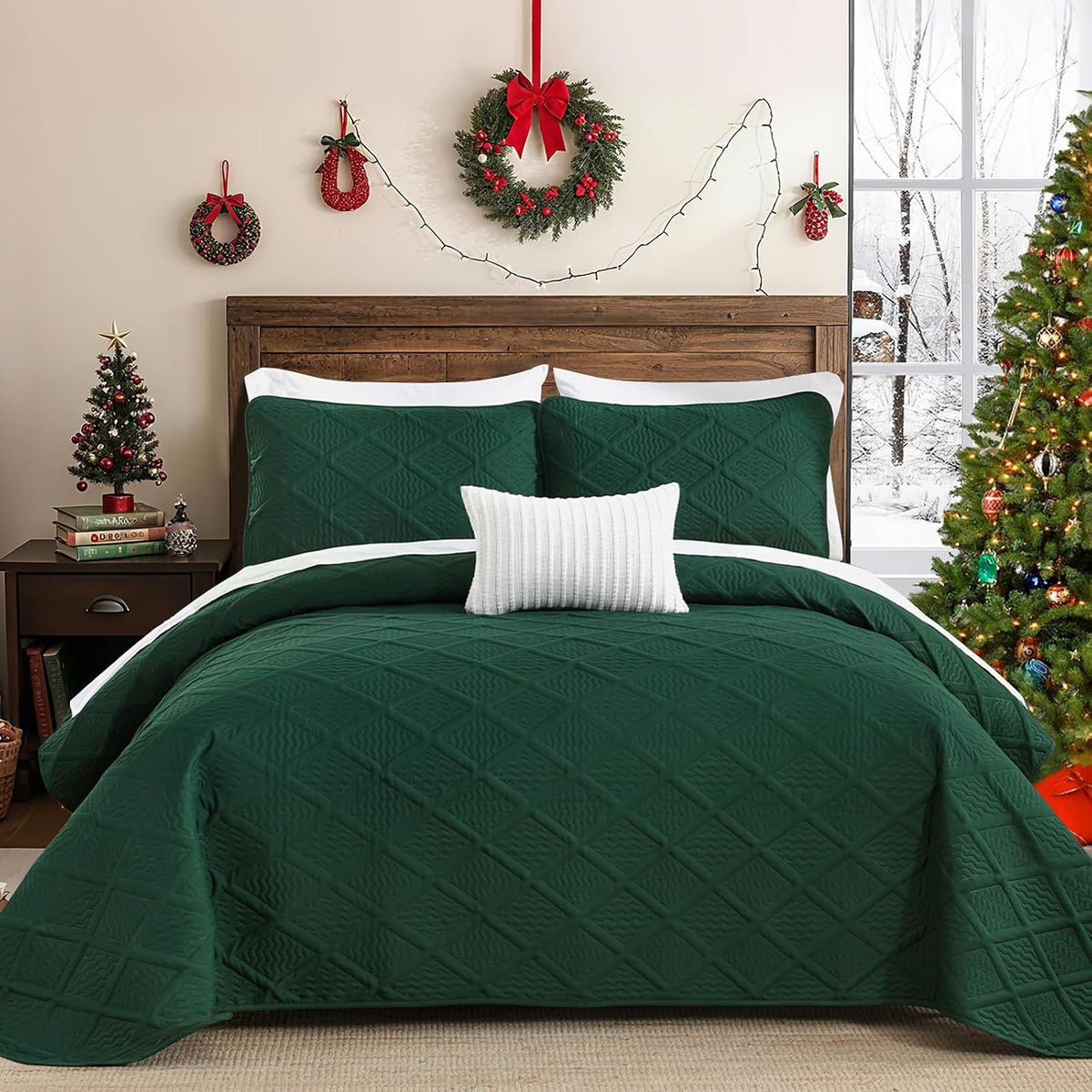 Green Wave Bloom Christmas Bedspread Queen 3 Piece Set - SportZone.co.nz