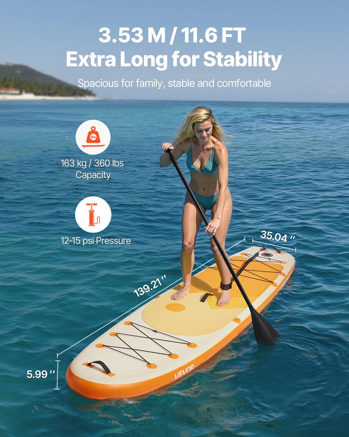 Inflatable Stand Up Paddle Board, 3.53m x 89cm x 15cm Wide Ultra-Light SUP Paddleboard, All Accessories Included, Pump, Paddle, Fin, Backpack, Ankle Leash, Strap, Non-slip Deck for Youth, Adults - SportZone.co.nz