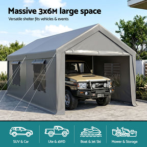 Instahut 3x6m Carports Canopy Tent Portable Garage Outdoor Steel Shelter Grey - SportZone.co.nz