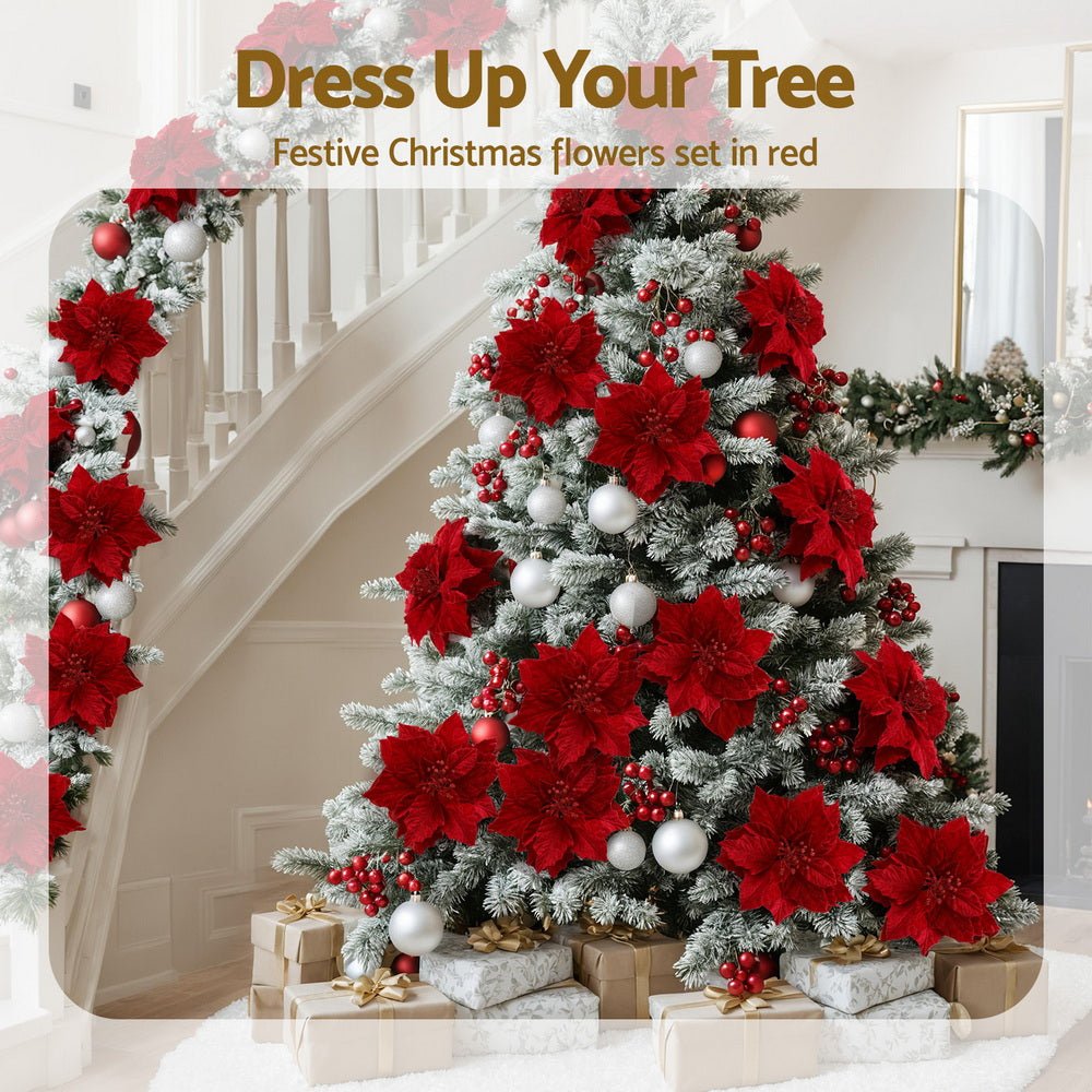 Jingle Jollys 14Pcs Christmas Tree Flowers Set Xmas Garland Wreath Ornaments Red - SportZone.co.nz