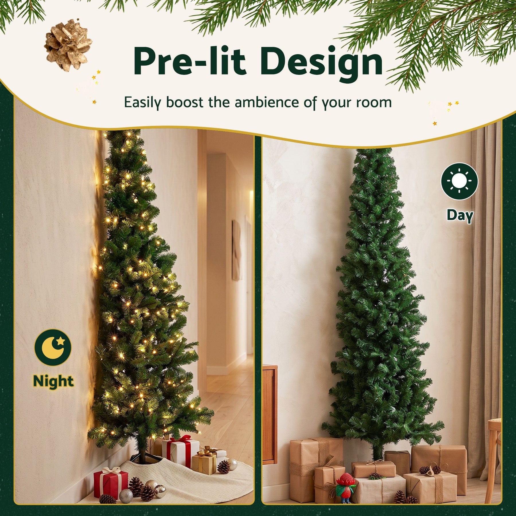 Jingle Jollys 1.8m Pre-Lit Christmas Tree Slim Pencil Xmas Tree Corner Tree - SportZone.co.nz