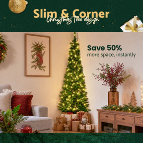 Jingle Jollys 1.8m Pre-Lit Christmas Tree Slim Pencil Xmas Tree Corner Tree - SportZone.co.nz