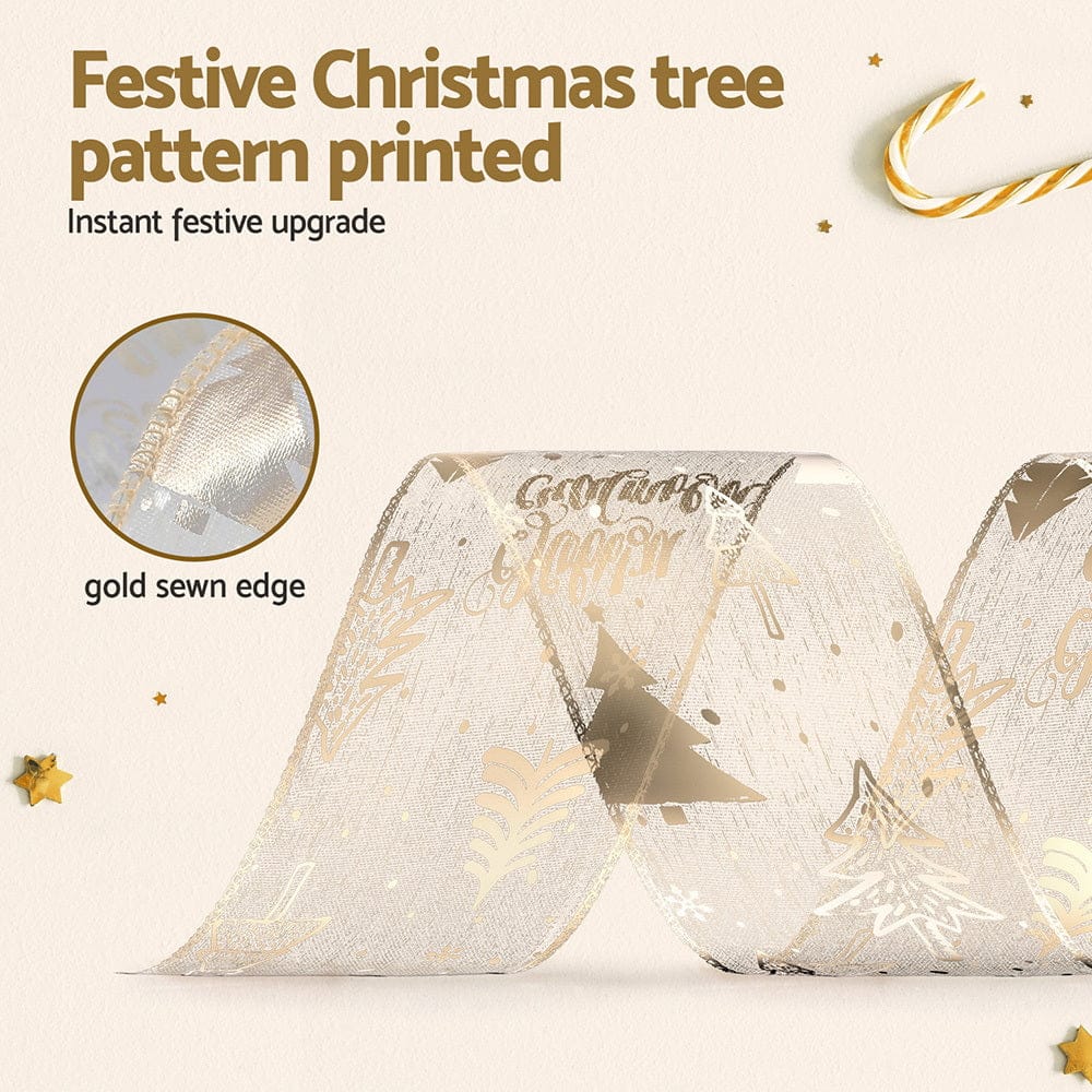 Jingle Jollys 20M Christmas Ribbon Roll Bow Printed Xmas Tree Decor Gift Gold - SportZone.co.nz