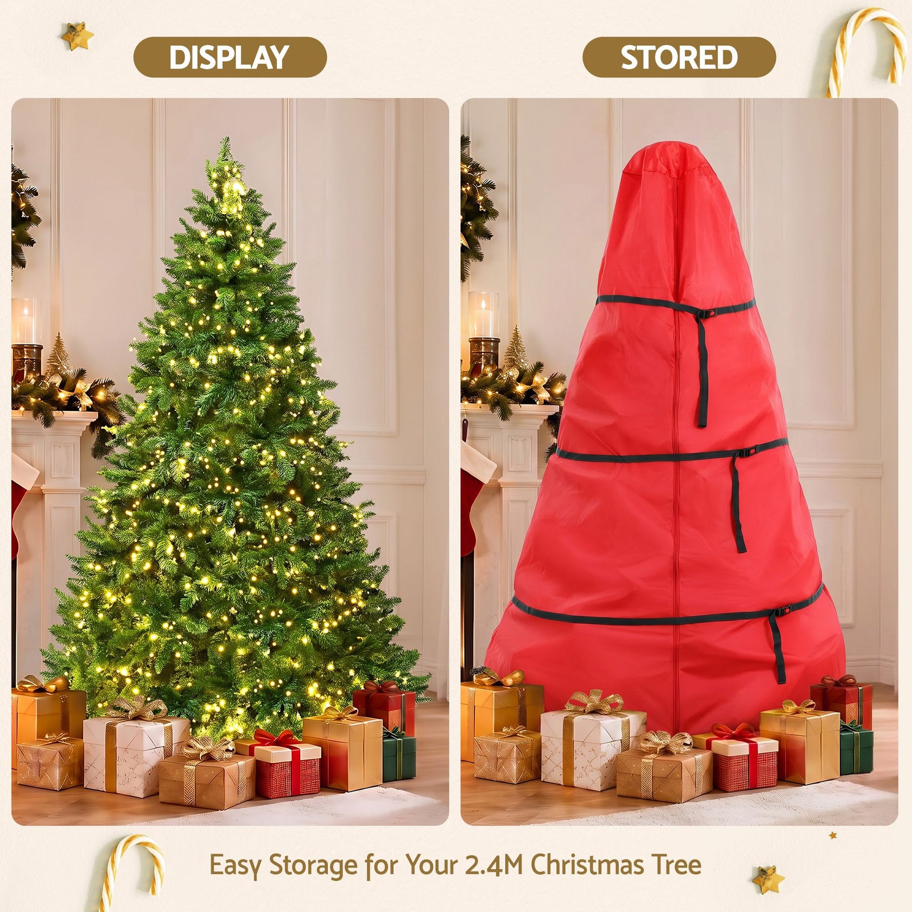 Jingle Jollys 2.4m Pre-Lit Christmas Tree 1488 LED Green with Red Storage Bag - SportZone.co.nz