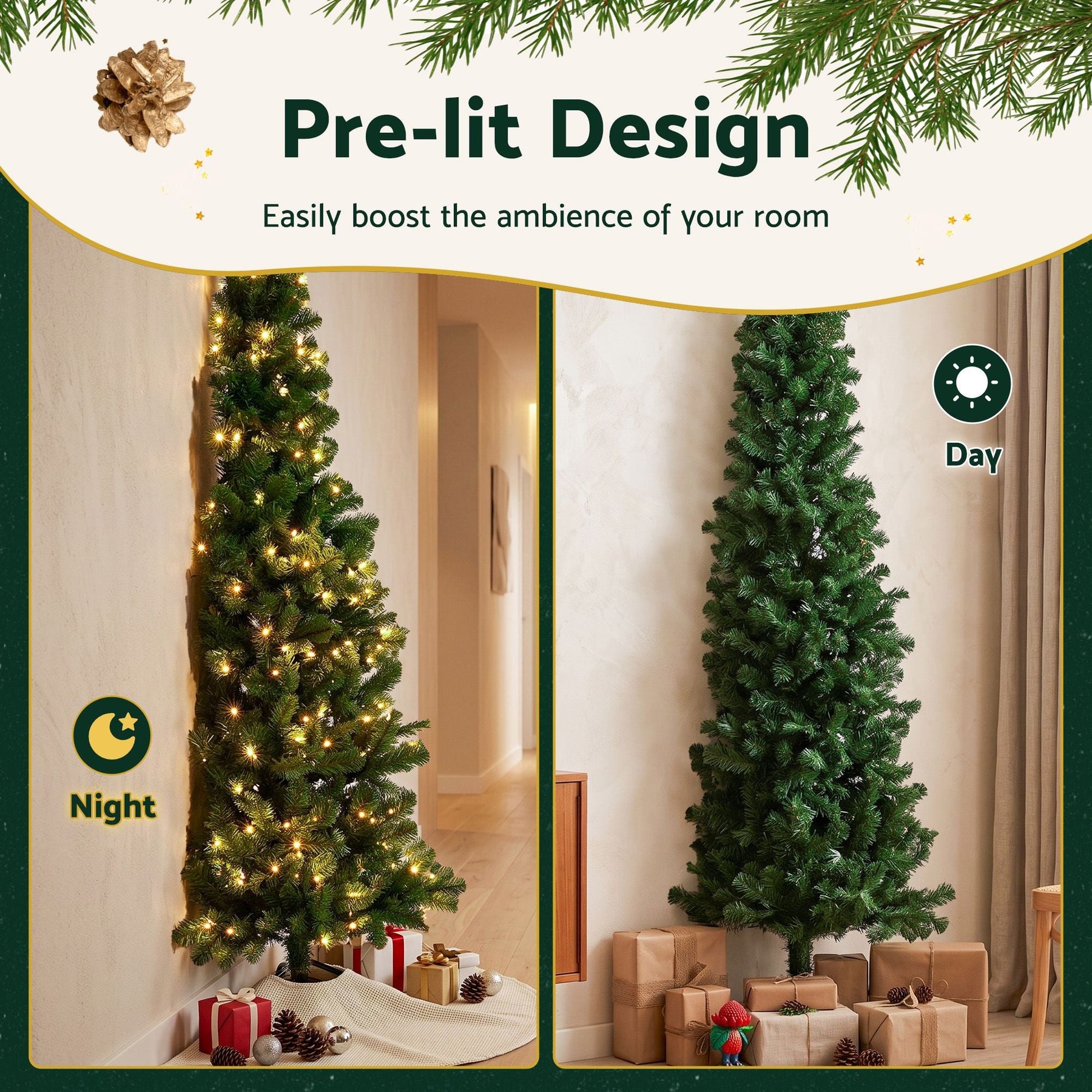 Jingle Jollys 2.4m Pre-Lit Christmas Tree Slim Pencil Xmas Tree Corner Tree - SportZone.co.nz