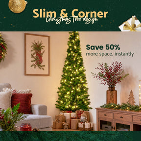 Jingle Jollys 2.4m Pre-Lit Christmas Tree Slim Pencil Xmas Tree Corner Tree - SportZone.co.nz