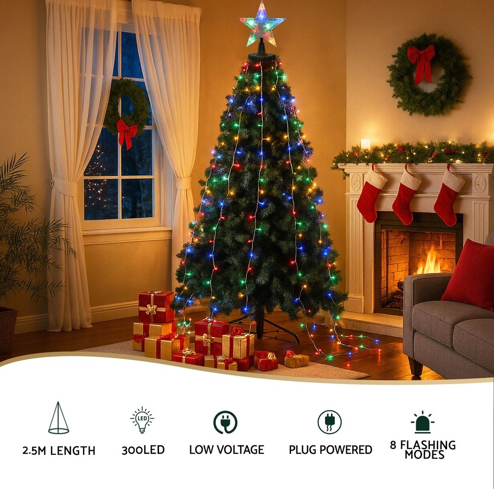 Jingle Jollys 2.5M Christmas Lights Waterfall String Light 300 LED Star Topper - SportZone.co.nz
