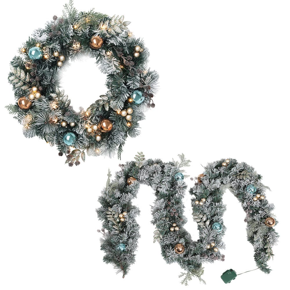 Jingle Jollys 2.7m Christmas Garland with Wreath Set LED Lights Snowy Xmas Decor - SportZone.co.nz