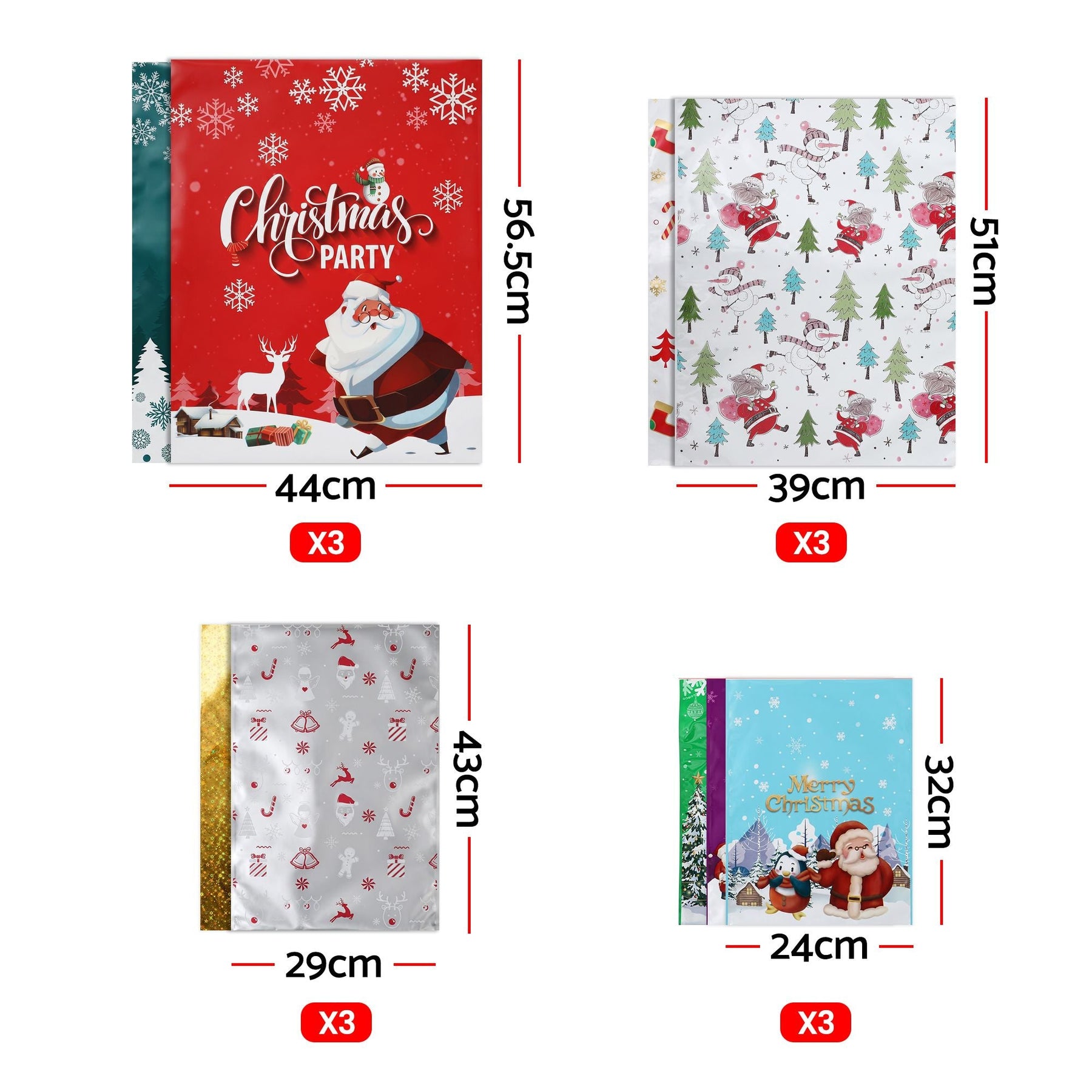 Jingle Jollys 27PCS Christmas Gift Bags Large Medium Small 9 Christmas Designs Set - SportZone.co.nz