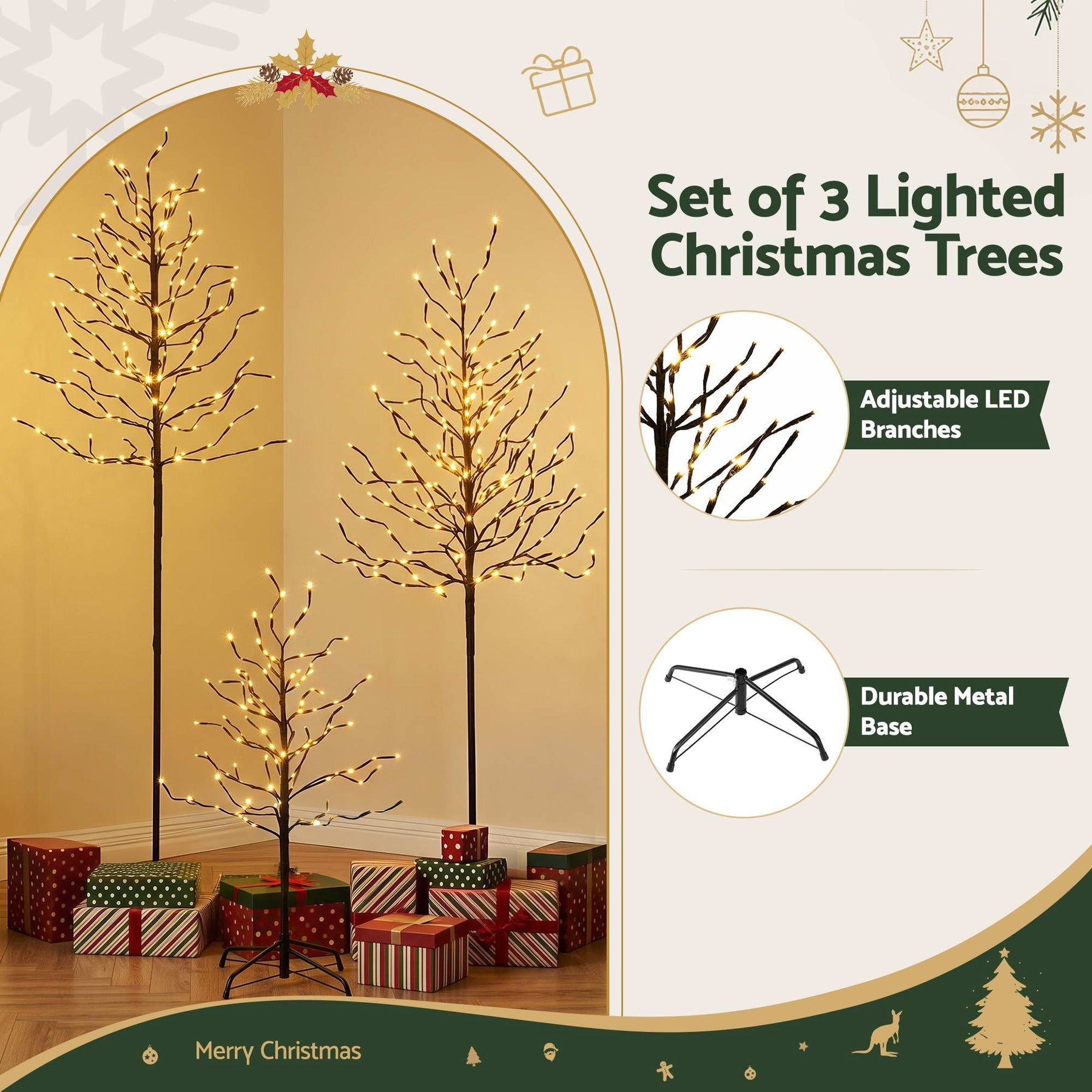 Jingle Jollys 3 Pack LED Christmas Tree Lighted Birch Tree Indoor Outdoor Xmas Decor Warm White - SportZone.co.nz
