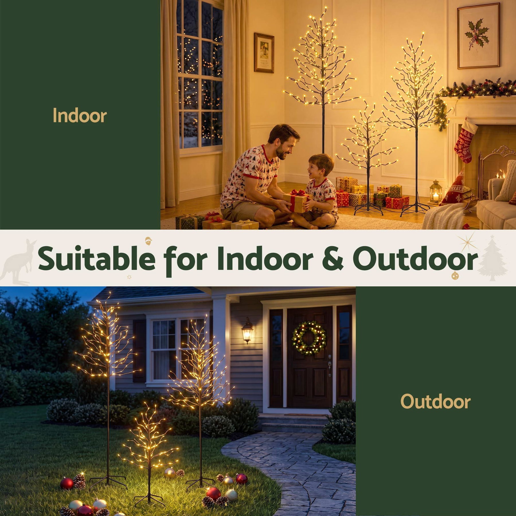 Jingle Jollys 3 Pack LED Christmas Tree Lighted Birch Tree Indoor Outdoor Xmas Decor Warm White - SportZone.co.nz